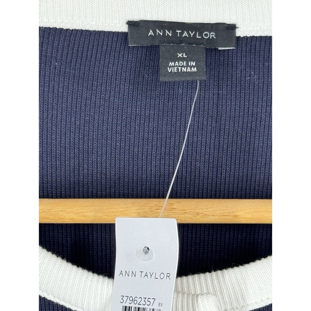 Ann Taylor NWT Navy Blue & White Cardigan Sweater Lion Crest Buttons Nautical XL - Picture 4 of 6